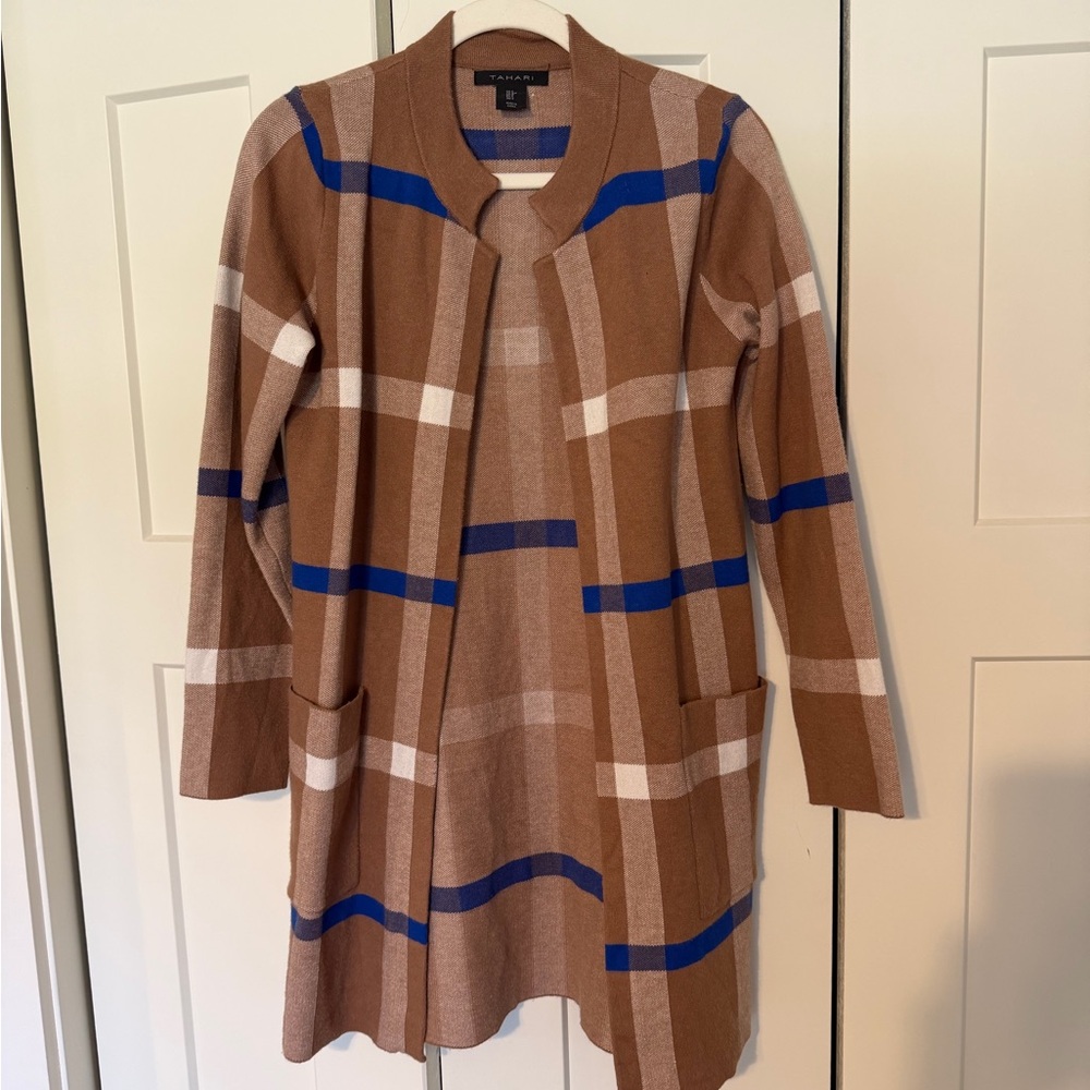 Tahari Tan and Blue Knit Cardigan